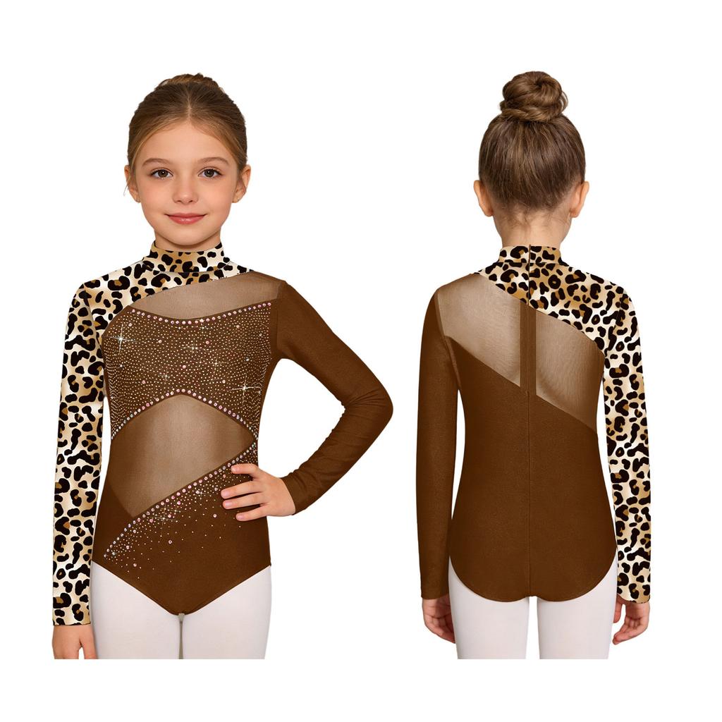 Girls Gymnastics Dance Leotard: Mock Neck Long Sleeve Back Invisible Zipper Mesh Patchwork Butterfly Print Shiny Rhinestones Bodysuit