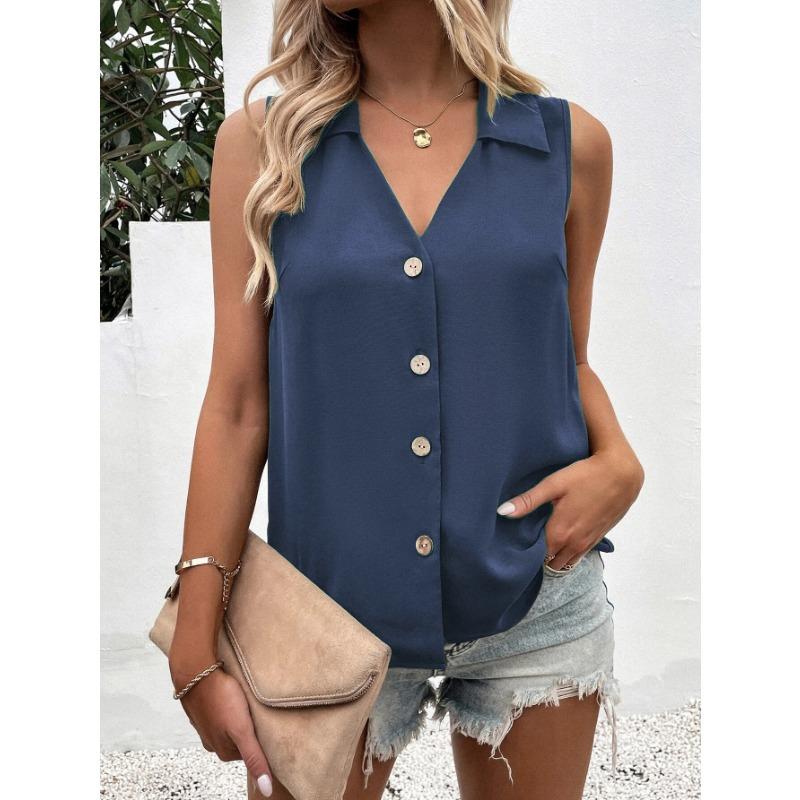 Women Summer New Style Solid Color V Neck Loose Chiffon Shirt Sleeveless Button Down Vest Blouse