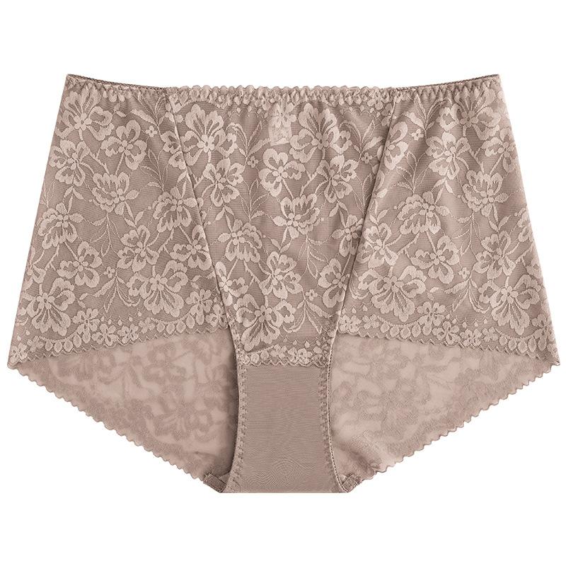 

Big Size Lady Summer Thin Sexy Lace Hollow Out No Mark Bag Hip High Waist Triangle Briefs XXL колір світло кави