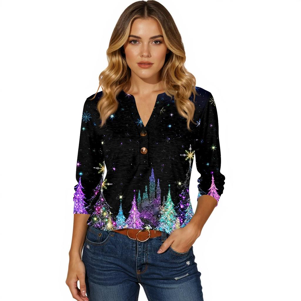 Women's T Shirt Christmas Print Button 3/4 Sleeve Daily Weekend Fashion Basic V- Neck Regular Top