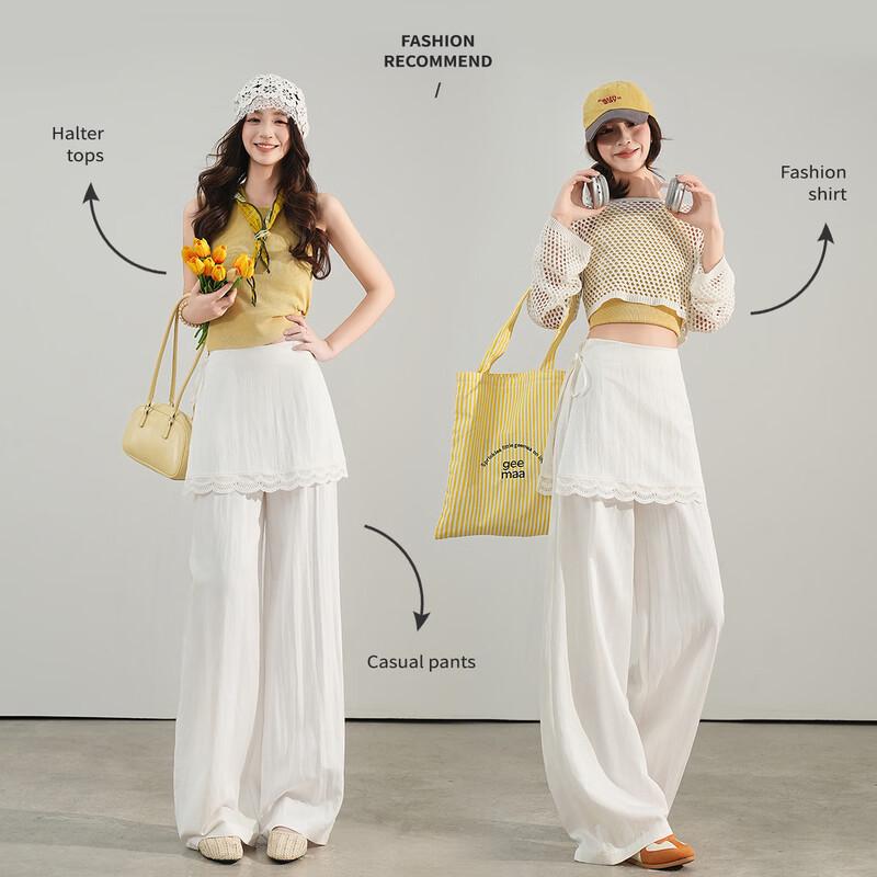 Women s High-Waist Lace Patchwork Straight Leg Casual Trousers XL