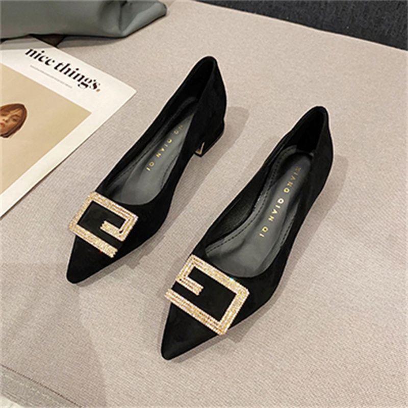 2025 spring and autumn new pointed tip shallow mouth single shoes women's season thick heel rhinestone metal buckle versatile soft leather flat 
