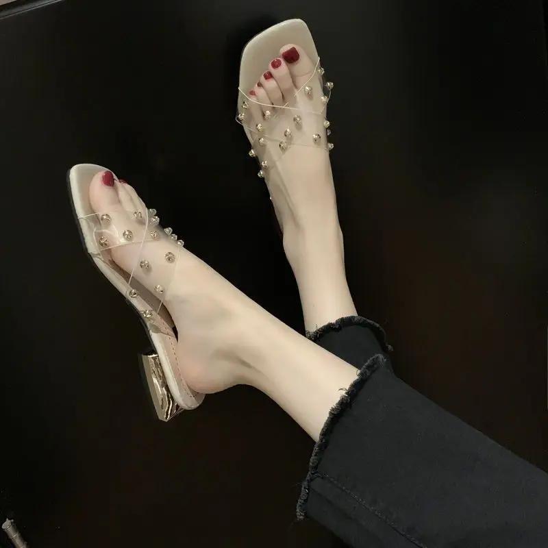 Open Toe Sexy Low Heel Woman Slippers Transparent Job Shoes for Women Sandals Off White Clear Outside Slides New Style I Trend Y