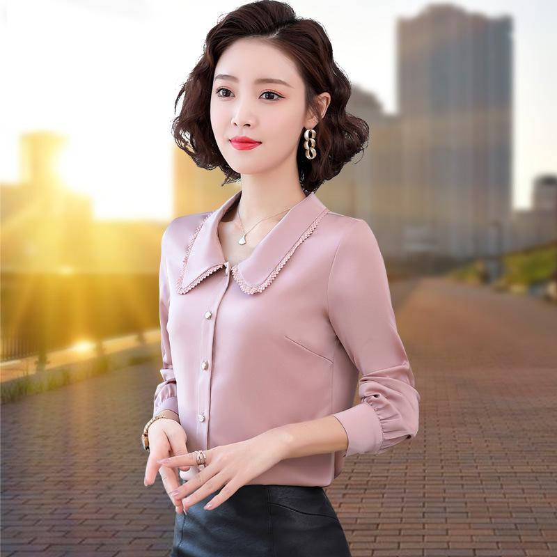 Women's Chiffon Long Sleeve Doll Collar Top for Spring/Autumn