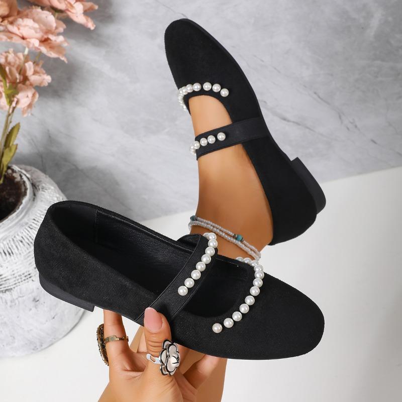 Round Toe Shallow Mouth Single Shoes Autumn New Suede Pearl Suede Soft Sole Non-slip Wear-resistant Low Heel Shoes