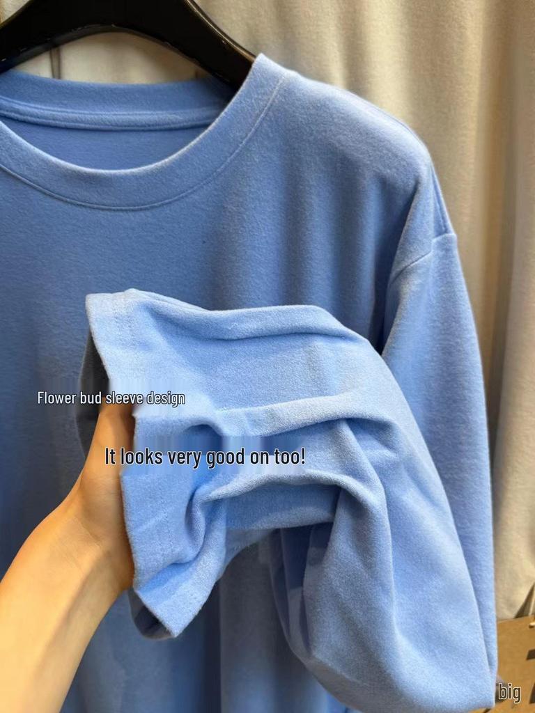 Women's Korean Style Plus Size Puff Sleeve Brushed Fleece Lazy T-Shirt 30988