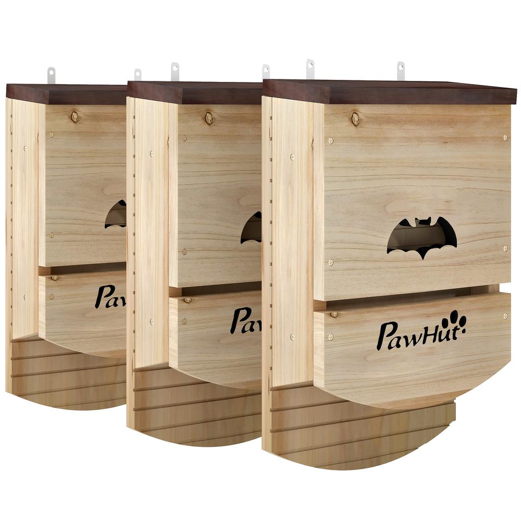 Bat Boxes, Pack of 3 Wooden Bat Houses for Outdoor, Garden, Farm, Easy to Hang, 23 x 9.5 x 36.5 cm, Natural