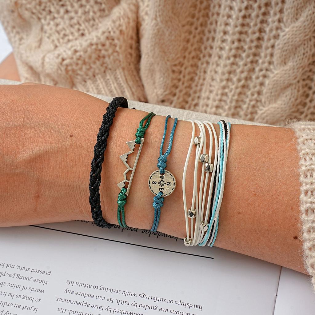 Promotional Hand-Woven Hand Rope, Retro Ethnic Style Wave Compass Accessories Multi-Color 5-Piece Set Jewelry