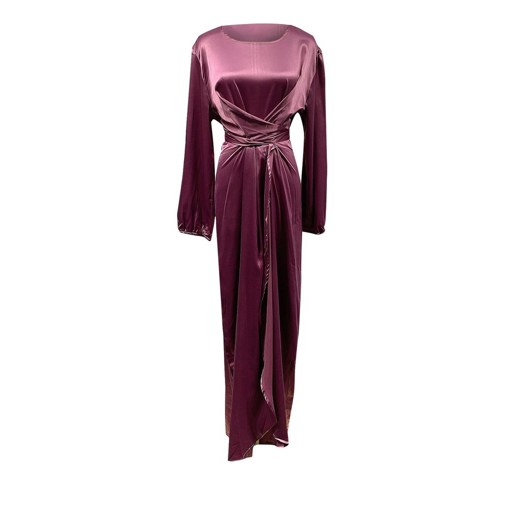 Women's Fashion Solid Color  Long Sleeve Satin Soft Waist And  Dress