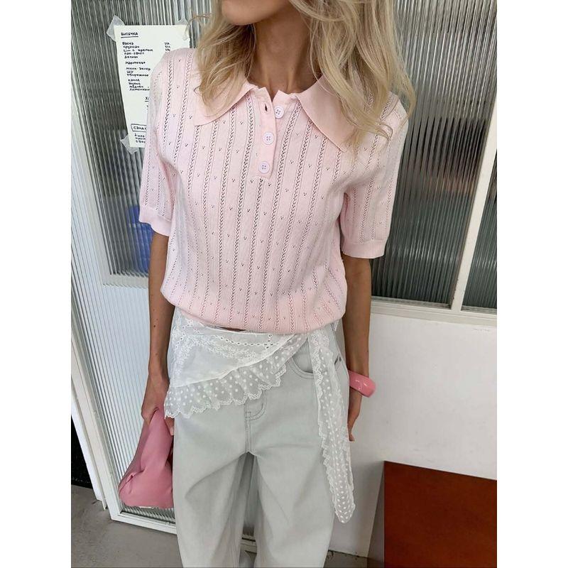 Elsa European and American Women Clothes 2025 Summer New Russian Hollow Lapel Short Sleeve Knit Niche Half Sleeve Top