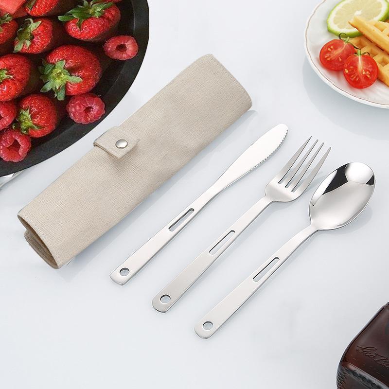Set Tacâmuri Oțel Inoxidabil Portabil Tacâmuri Cuțit de Cină Furculiță Lingură 1 Set Cu Sac de Depozitare Potrivit Pentru Călătorii Camping Tacâmuri