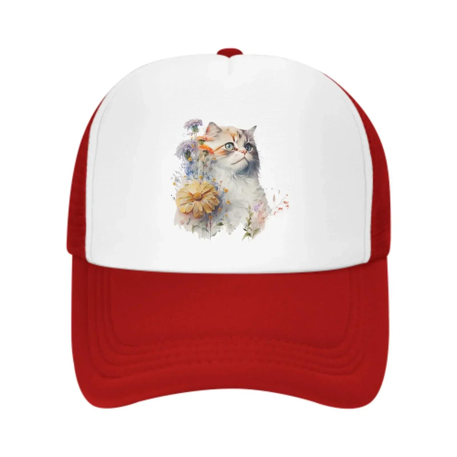 

Floral Cat Mesh Trucker Hats for Unisex Women Adjustable Casual Fashion Baseball Caps for Outdoor Activities One Size