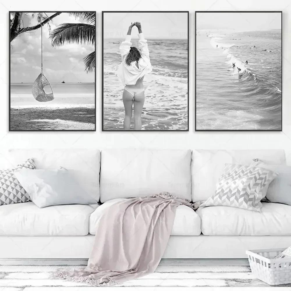 Black White Poster Ocean Sea Wave Nature Landscape Aesthetic Canvas Painting Posters and Prints For Living Room Decoration