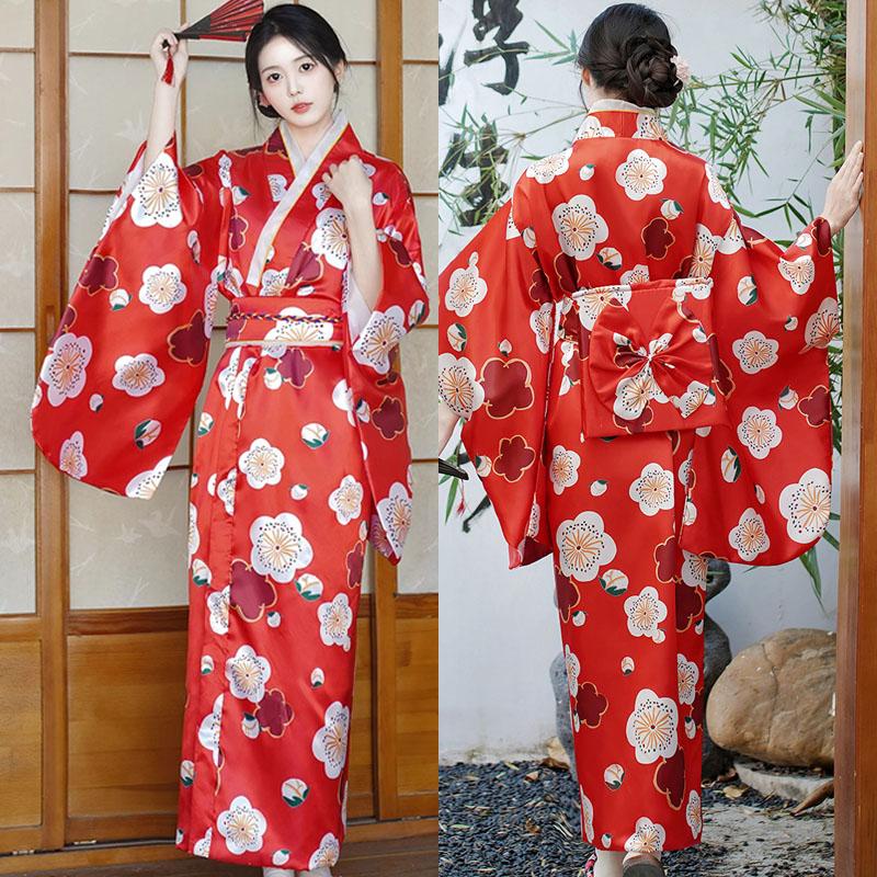 Robe Kimono Japonais Costume de Performance Cosplay Femmes Kimonos Bleus Vintage Style Asiatique Yukata Sexy avec Obi Robes Geisha Imprimées