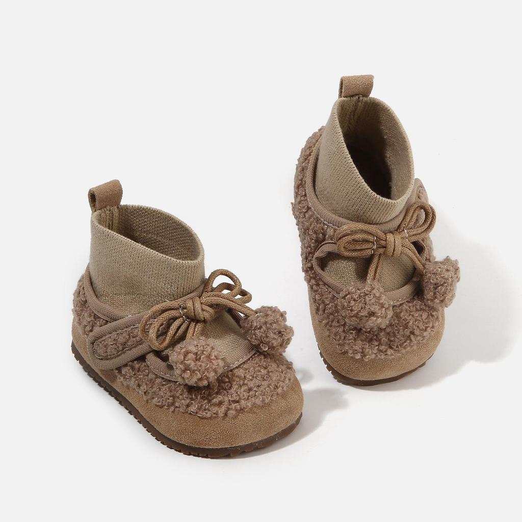 2025 Winter Baby Girl Plush Cotton Shoes with Bowknot: Soft Sole, Velvet Fur, Cute Korean Style Toddler Footwear