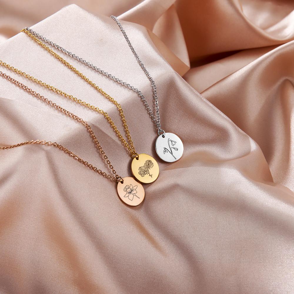 Birth Flower Pendant Necklace Women Stainless Steel Flora Gladiolus Poppy Peony Rose Daisy Necklace Personalized Jewelry