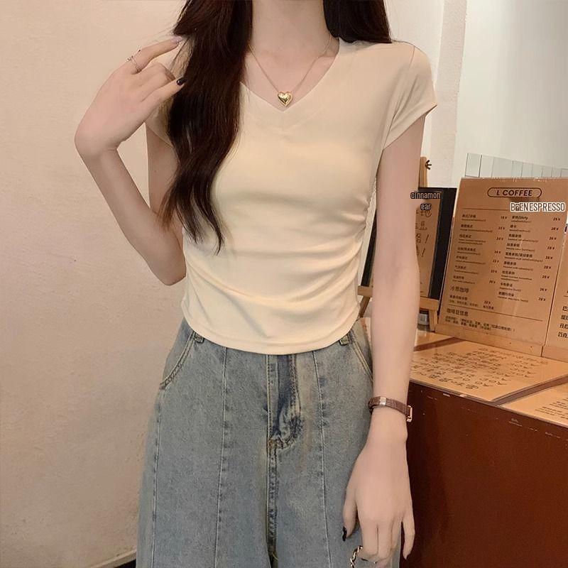 

Женская летняя приталенная хлопковая футболка с плиссировкой - Шикарный топ с коротким рукавом XL for 115-130 kg