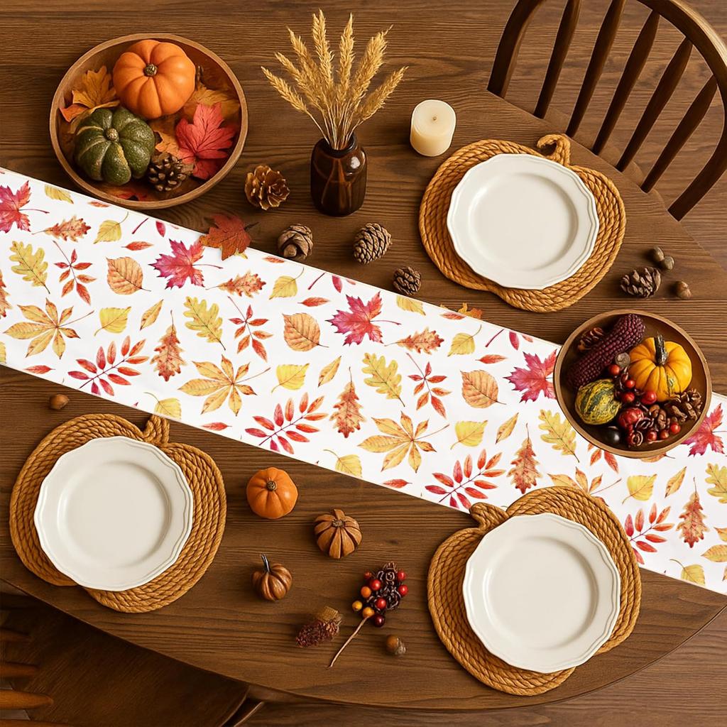 OWENIE Fall Table Runner for Kitchen Dining Table, Thanksgiving Autumn Printed Harvest Pumpk Maple Leaves Textured Fabric Halloween Holiday Home