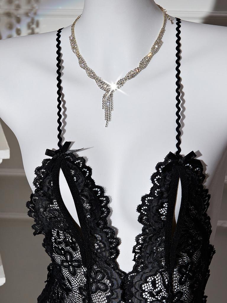 Ultra Sexy Crotchless Black Lingerie Women Lace Hollow Bodysuit Erotic Pajamas Teddy Babydoll Dress Deep V Open Bra Underwear