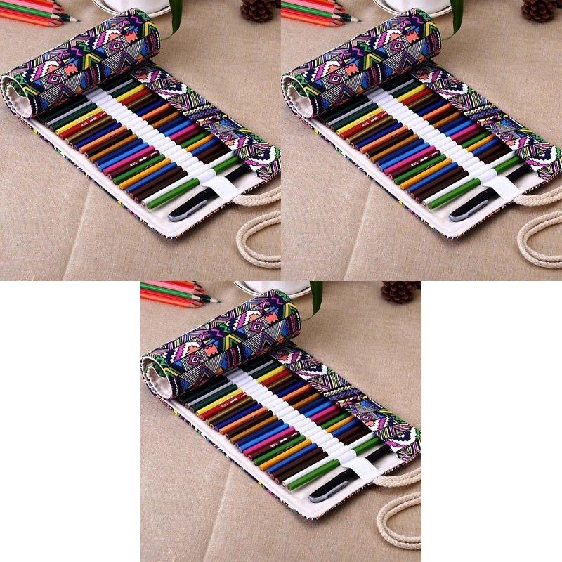 Ethnic Style Colored Geometric Pattern Pencil Canvas Storage Bag For Artists And Students