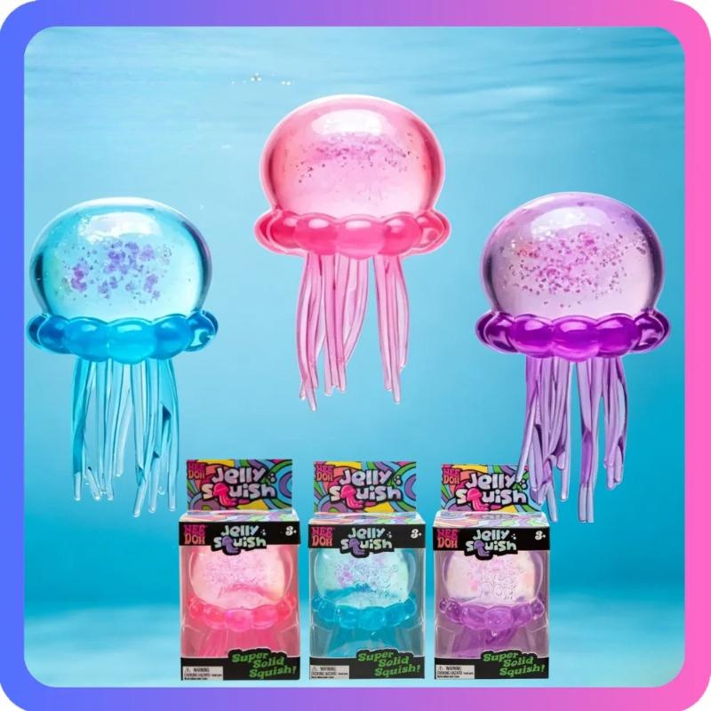 Schylling Nee Doh Jellyfish & Cube Squish Toy, Soft Jelly Squeeze Stress Relief Fidget Toy, Sensory Needoh For Kids & Adults