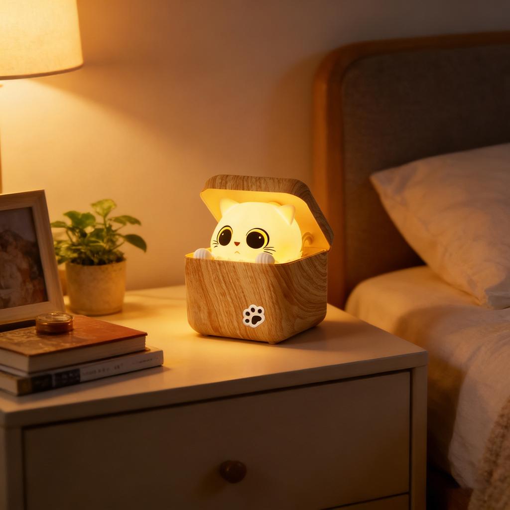 Creative Cat Night Light in Wooden Box Design with Soft Glow LED Lamp for Bedroom Desk Decoration and Ambient Lighting