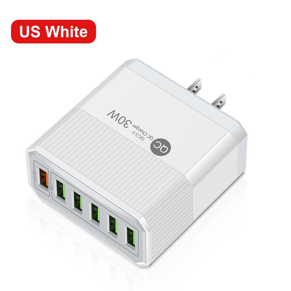 30W 6-Port QC3.0 Multi-Plug Fast Charger for EU, US, UK, & Korea