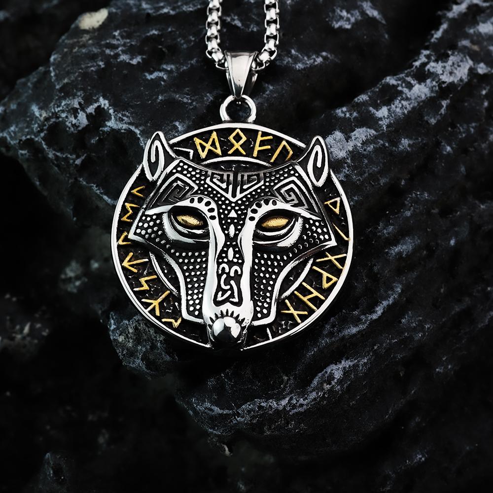 Golden Wolf Head Odin Rune Pendant for Men's Street Personality Stainless Steel Pendant Necklace Jewelry