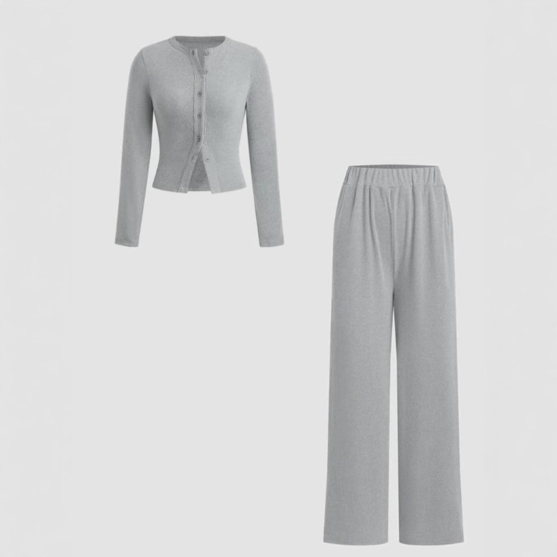 

2026 Slim Fit Casual Button Long Sleeve Top & Wide Leg Pants Set - New Europe America Style XL