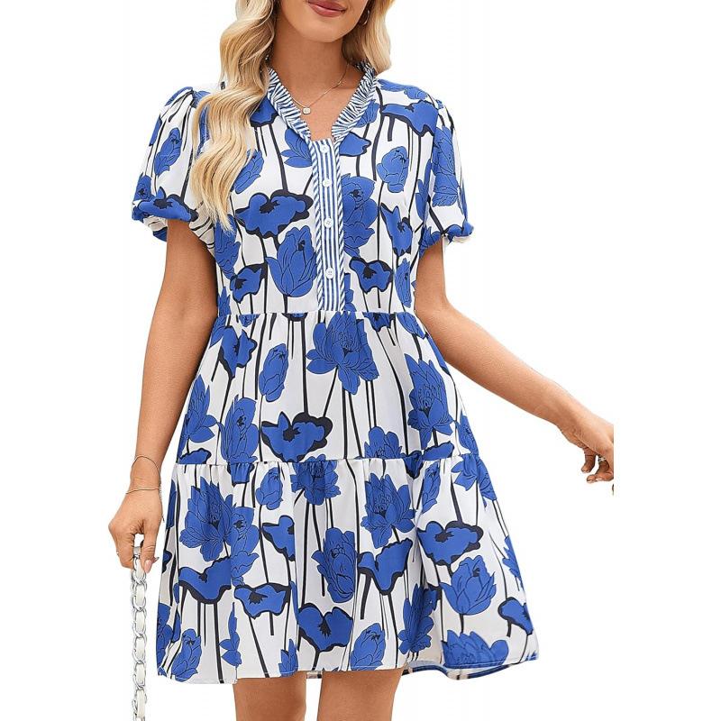 Casual 2026 Summer Dress V-Neck Button Floral Bubble Short Sleeve Holiday Dress Women S синий