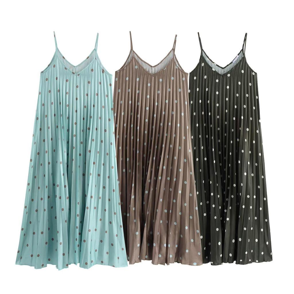 2025 Spring/Summer Polka Dot Spaghetti Strap Pleated Maxi Dress