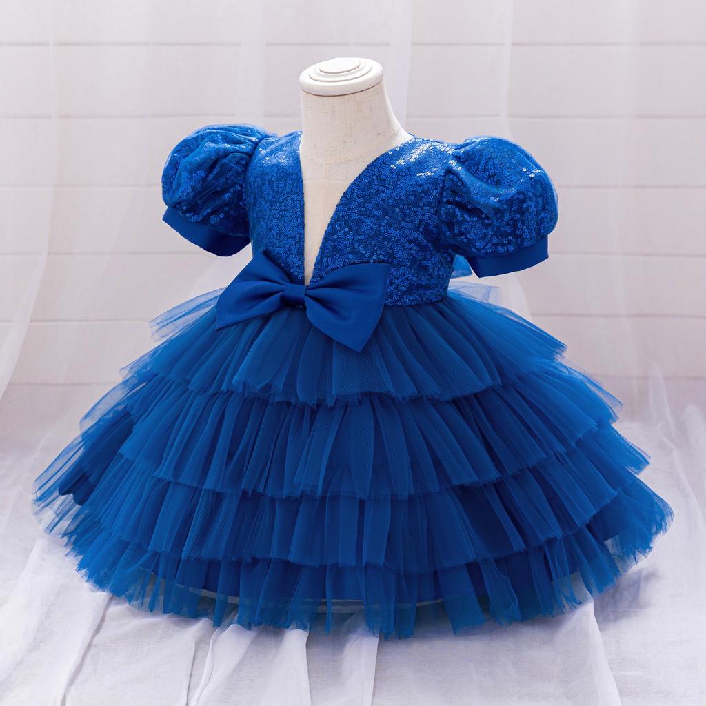 Kids' Sequin Puff Sleeve Princess Dress with Mesh Skirt for Birthday Parties