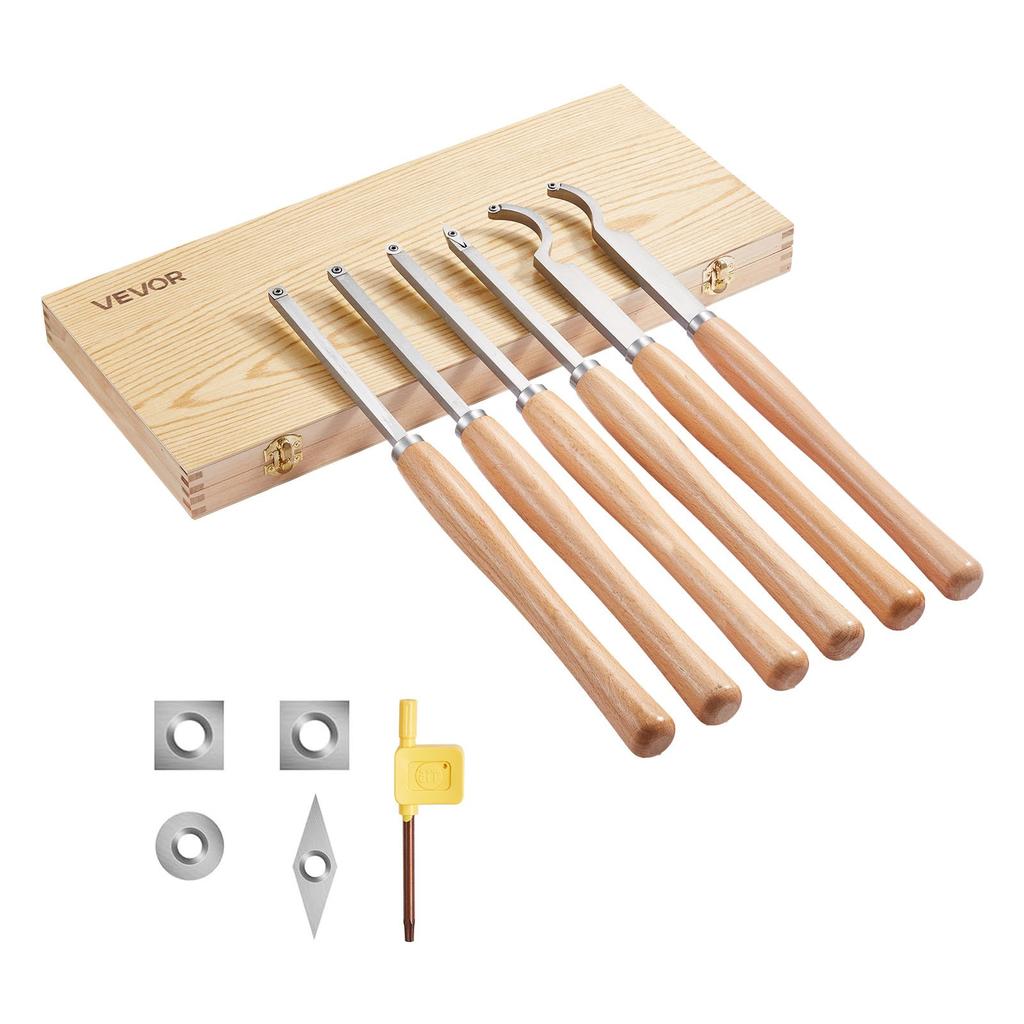 VEVOR Wood Lathe Turning Tool Set, 6PCS, Lathe Roughing, Finishing, Detailing Hollow Tool with Wooden Handle, Diamond Round Square Carbide Inserts
