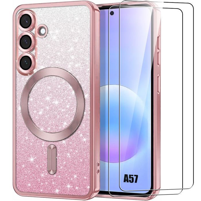 Coque pour Samsung Galaxy A57 5G, Silicone avec Cercle Magnétique - Rose - 2 Verres Trempés