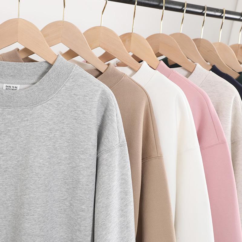 2025 Women's Solid Color Round Neck Sweatshirt - Basic Style, Trendy Brand, Loose Fit, Casual Fleece, Long Sleeve, Hoodless Top