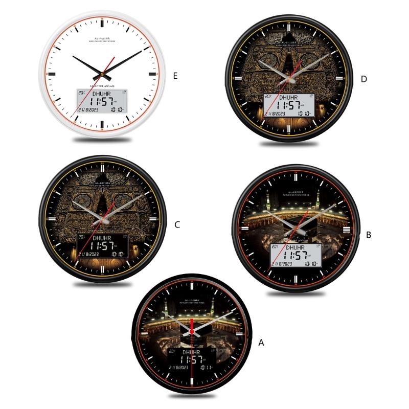 13inch Digital Azan Clock Retro Round Wall Clock with Alarm Clock Function & Year Data Temperature Prayer Time Display