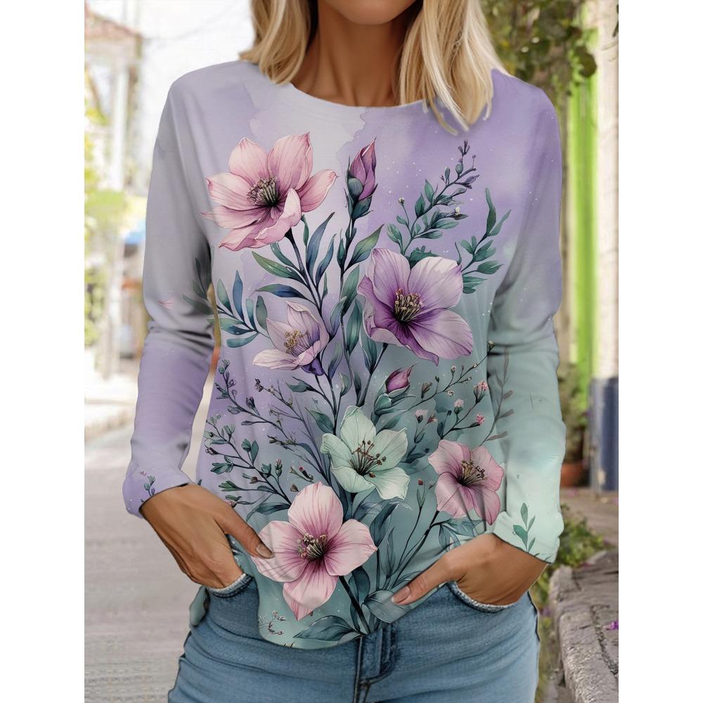 Women's 3D printed flower T-shirt, fashionable long sleeved round neck regular top, holiday weekend blue spring and autumn outfit