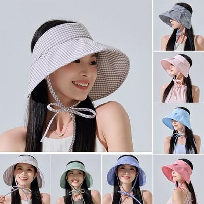 Checkered Sun Hat UV Protection Women Sun Shade Visors Summer Empty Top Beach Hat