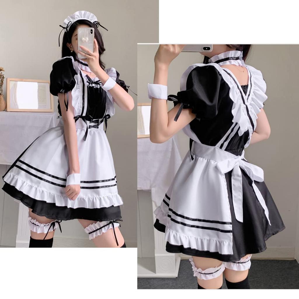 [FULINE] Maid Costume, Sexy Lolita Cosplay Costume with Ribbon, Princess Dress, Gothic Lolita Style, Plus Size, Black, Size S