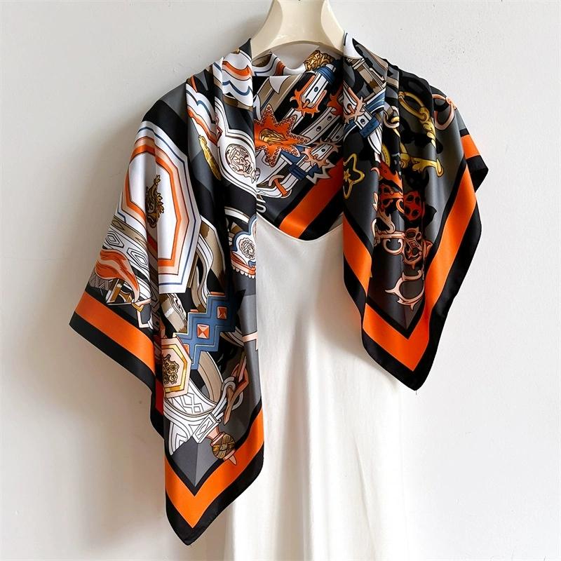 90CM Square Scarves Geometrical Print Twill Silk Foulards Femme Wraps Beach Shawls Bandana Lady Hijabs