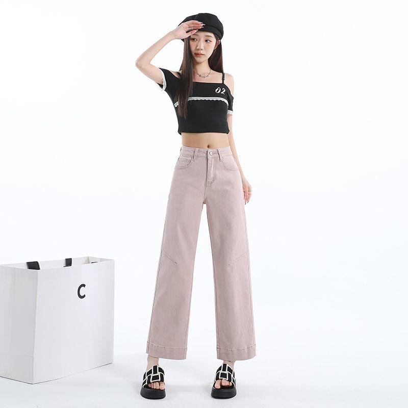 New Pink High-waist Straight Jeans for Women In Summer Loose Thin White Slim Small Cropped Pants