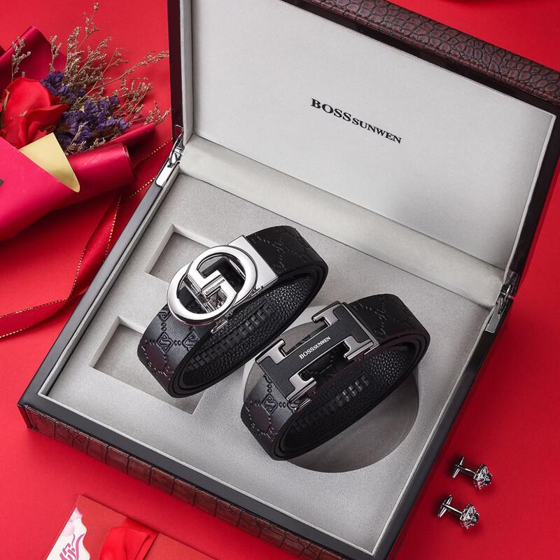 Мужской ремень BOSSSUNWEN из натуральной кожи с автоматической пряжкой, двойная пряжка, подарочный набор 130cm