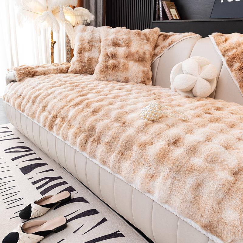 New Gradual Change Bubble Rabbit Plush Sofa Cushion Winter Thickened Seat Cushion Non-Slip Leather Sofa Cover Cross-Border