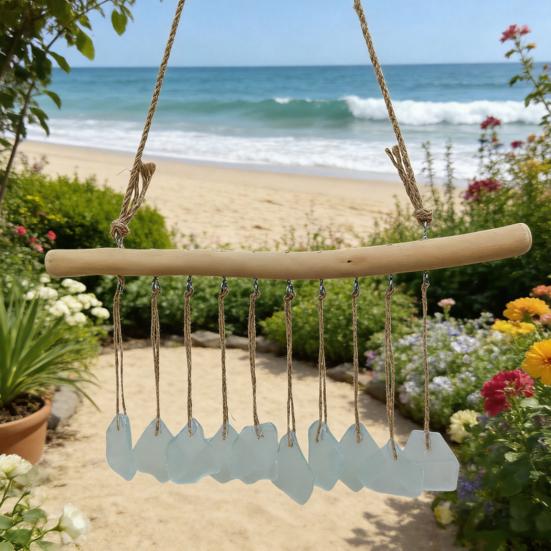 Handmade Sea Glass Wind Chimes for Outside Coastal Style Hanging Wind Chime with Wooden Hanger for Home Wall Garden Decor Gifts for Mom Women
