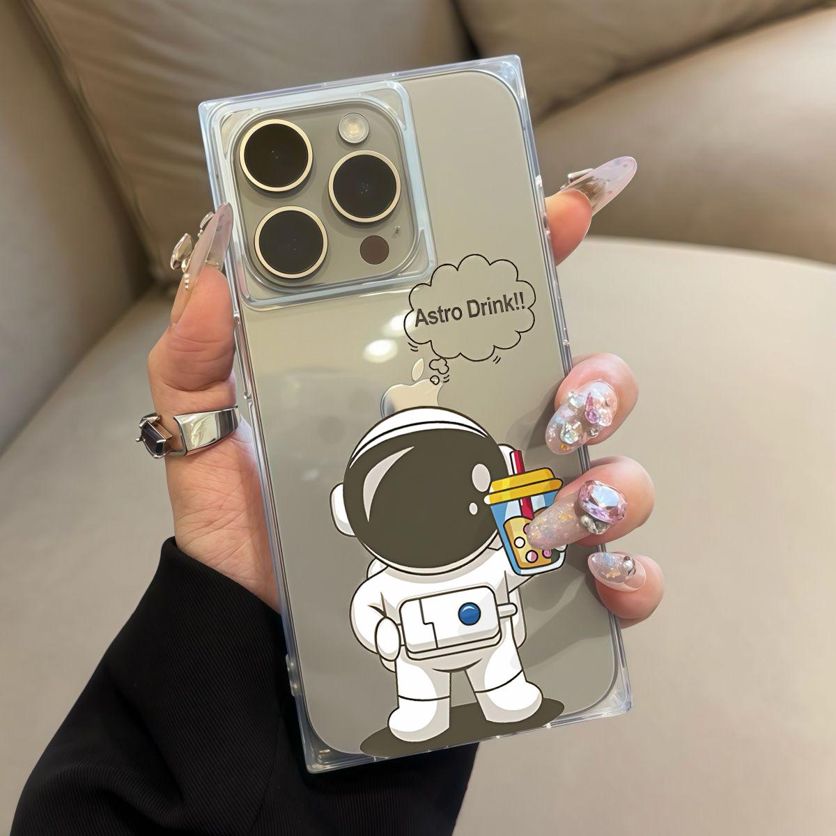 

Square Back Tube Protection Clear Case For iPhone 12 14 Pro Max 13 16 ProMax 11 15 Plus Anti-Oxygen,Holding Bubble Tea, Astronaut Pattern Casing iphone 16