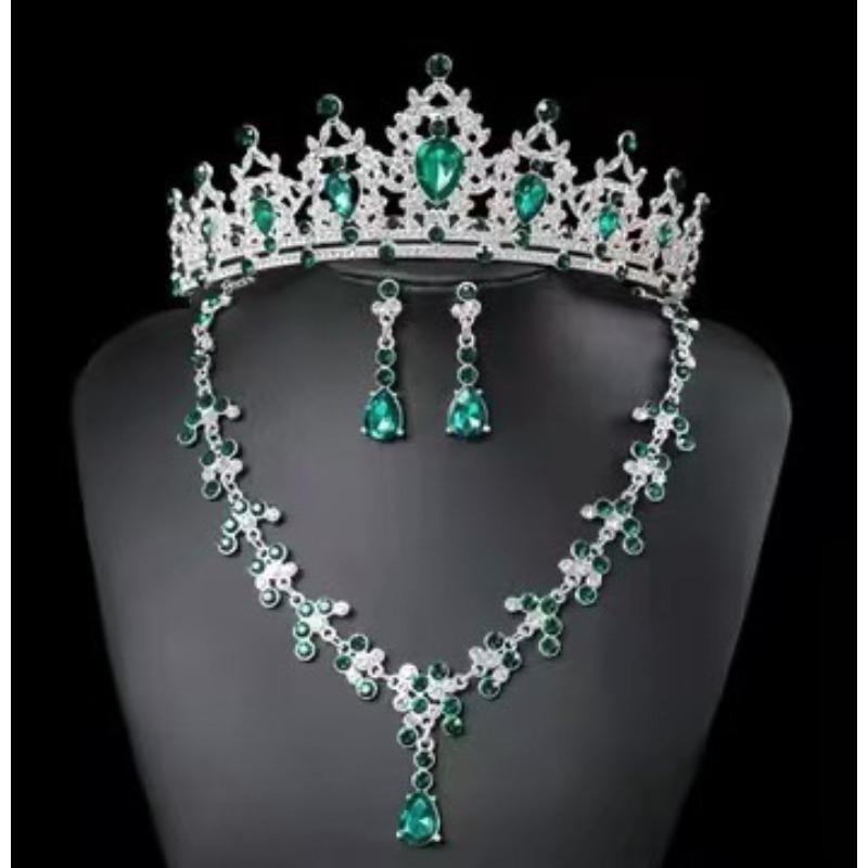 Nieuwe Bruids Tiara Kroon Driedelige Set Bruiloft Ketting Oorbellen Strass Set Europese en Amerikaanse Bruiloftsaccessoires