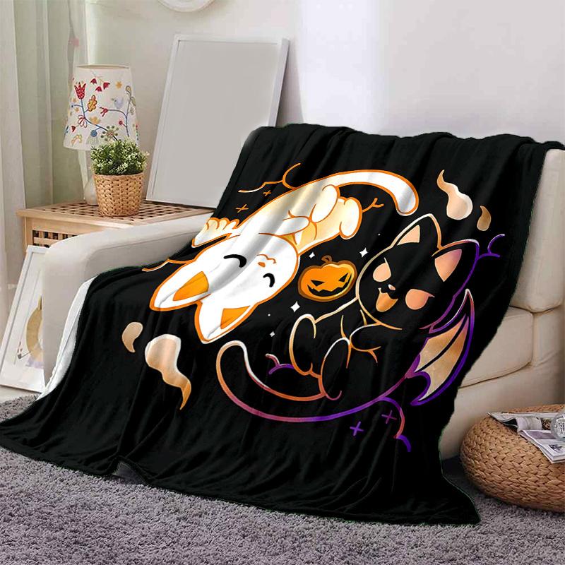 1pc Halloween White Cat & Black Cat Blanket Soft Throw for Home Decor, Gift Idea, Living Room, Travel, Camping, Car Blankets