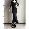 Fashion Temperament Spice Girl Square Neck Long-sleeved Dress Women's Spring New Slim-fit Inner Fit Slim Hip-wrapped Long Skirt