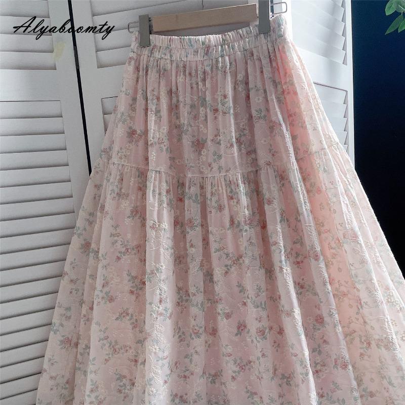 Japanese Mori Girl Spring Summer Women Pink Skirt Elastic Waist Floral Embroidery Sweet Skirt Vintage Delicate Cotton Skirts Womens