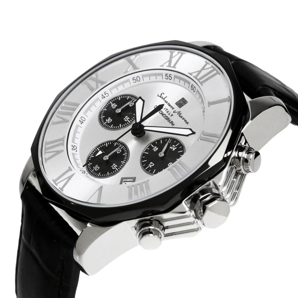Chronograph 10 ATM Water Leather Panda [Salvatore Marra] Men's Watch, Resistant, Business/Formal Style, Strap, Silver, White/Black, Design,